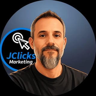 Man with beard wearing black shirt in circular profile photo with JClicks Marketing logo on gradient blue background